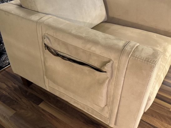 Nr. 332 I Angebot SALE % / Het Anker / kubisches Sofa mit zwei passenden Sesseln in beigen Stoffbezug mit geprägtem Muster / Ausstellungsware sofort verfügbar